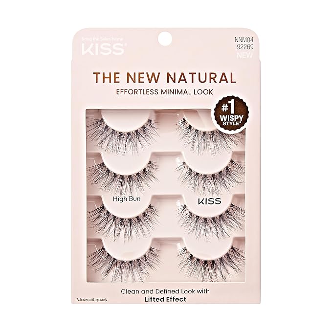 KISS The New Natural, False Eyelashes, 'Wide Slacks', 12 mm, Includes 4 Pairs Of Lashes, Contact Lens Friendly, Easy to Apply, Reusable Strip Lashes