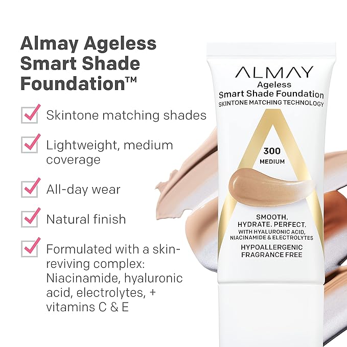 Almay Anti-Aging Foundation, Smart Shade Face Makeup with Hyaluronic Acid, Niacinamide, Vitamin C & E, Hypoallergenic-Fragrance Free, 300 Medium, 1 Fl Oz (Pack of 1)