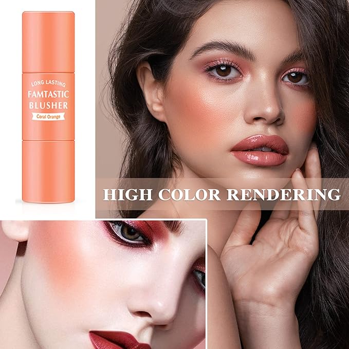 Cream Blush Stick with Brush,Waterproof Multi Cream Makeup Stick,Lightweight,Long-lasting,2 in 1 Multi Blush for Cheeks & Lip Tint & Eyeshadow Makeup(#03 Coral Orange)