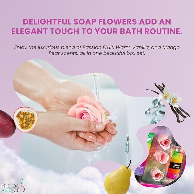 Fine Fragrance Body Mist & Body Splash Gift Set – Luxury Self-Care Combo for Women and Girls (Passion Fruit, Warm Vanilla, Mango Pear, Rose Soap) Mother’s Day Gift for Mom