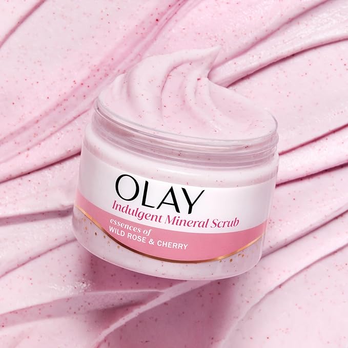 Olay Body Indulgent Mineral Scrub, Skin Exfoliating & Massaging Pearls, Nourishing Soft & Gentle Formula, Renewing BHA, Vitamin B3 Complex, Luxurious Fragrances, Wild Rose & Cherry Creme Scent, 11 oz