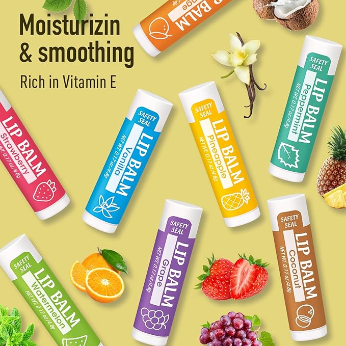 64 Pack Lip Balm, Natural Lip Balm Bulk with Vitamin E and Coconut Oil, Moisturizing Lip Balm for Dry Cracked Lips, Lip Balm for Stocking Stuffers - 8 Flavors