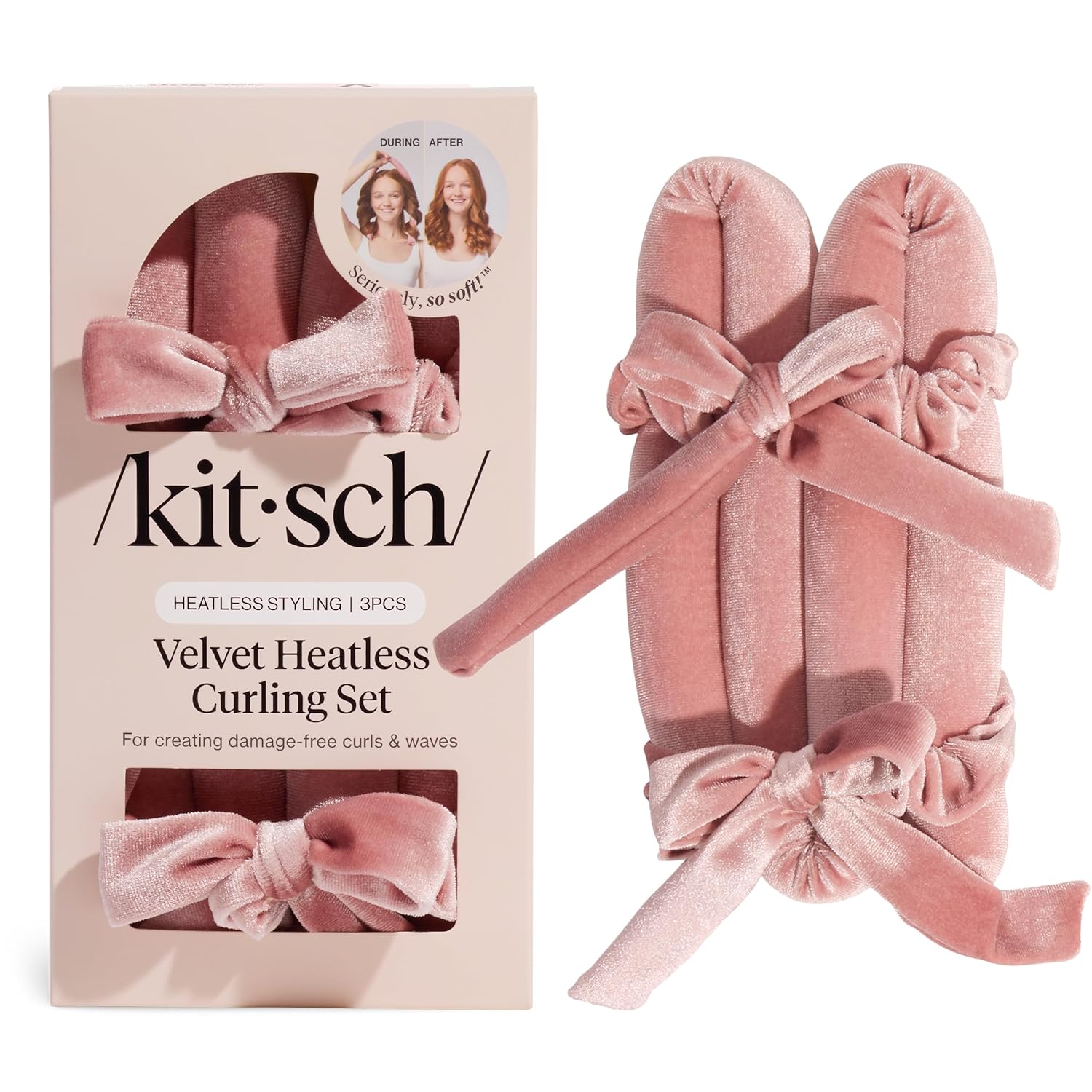 Kitsch Velvet Heatless Curling Set – Hair Curler to Sleep In for Heatless Curls Overnight - Heatless Hair Curler for Women – No Heat Damage Hair Styling Tool with 2 Velvet Scrunchies – Terracotta