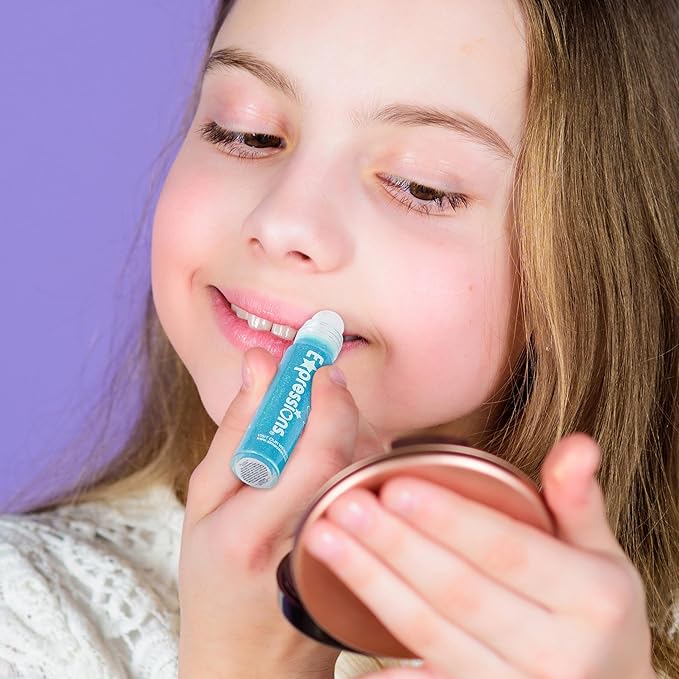 Expressions 8pc Roller-Ball Glitter Lip Gloss Set, 8 Assorted Fruit Flavored Roll On Rollerball Lip Gloss for Kids, Safe, Non Toxic Kids Makeup Set