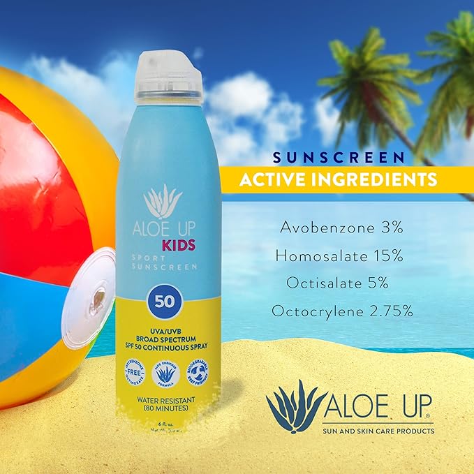 Aloe Up Kids Continuous Sport Sunscreen Spray SPF 50 - Broad Spectrum Sheer Face and Body Sunscreen Protector for Sensitive Skin - With Aloe Vera Gel - Dries Fast - Reef Safe - Fragrance-Free - 6 Oz