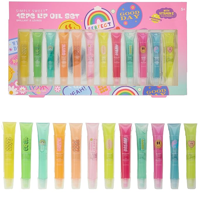 EXPRESSIONS 12pc Lip Oil Set –Hydrating Lip Care with Vitamin E | Fruit Flavored Lip Gloss For Girls, Safe and Non-Toxic Lip Gloss Gift Set For Girls