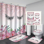 4PCS Diamond Eyelash Shower Curtain Set, Rustic Flower Botanical Bouquet Confetti Girly Makeup Fashion Bathroom Decor Waterproof Fabric Shower Curtain Non-Slip Bath Mat Toilet Rug, Pink Floral