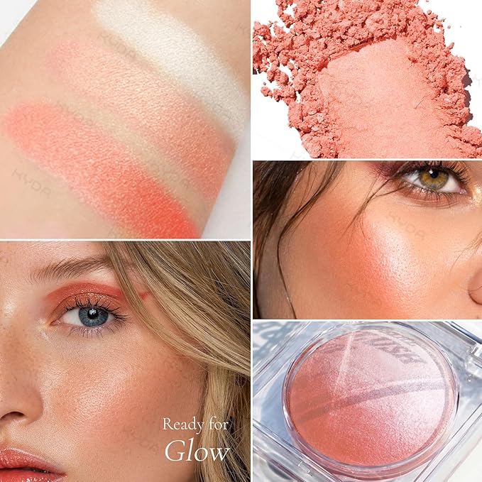 KYDA Baked Blush, Orange Glow Powder for Blush and Highlighter, High Glossy Finish, Lightweight Blendable Shimmer Blusher, Multiuse Baked Powder, 0.53 oz