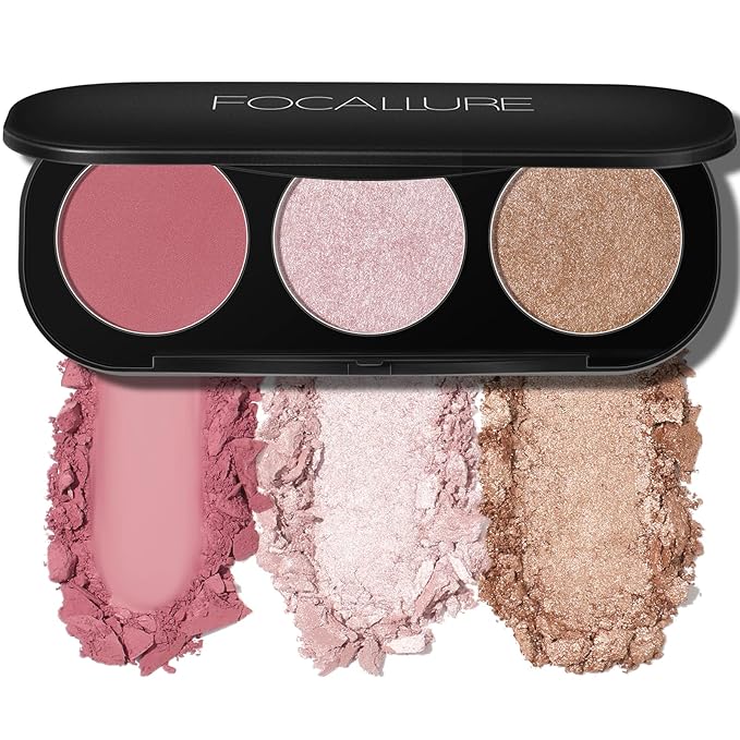 FOCALLURE Blush and Highlighter Palette,3 in 1 Makeup Powder, Cruelty-Free Matte, Shimmer Illuminator for a Glowing Look,#03