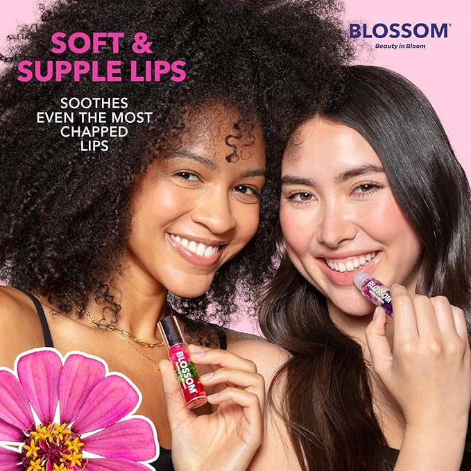 Blossom Roll on Lip Gloss, Scented Clear High Shine Moisturizing Lip Oil, Non Sticky, Infused with Real Flowers, Made in USA, 0.2oz, Cherry