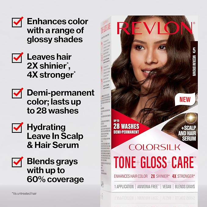 Revlon ColorSilk Tone + Gloss + Care Demi Permanent Hair Color, Dye Kit with Leave-In Scalp and Haircare Serum, 2x Shinier, 4x Stronger, 5A Medium Ash Brown, 4.5 fl oz