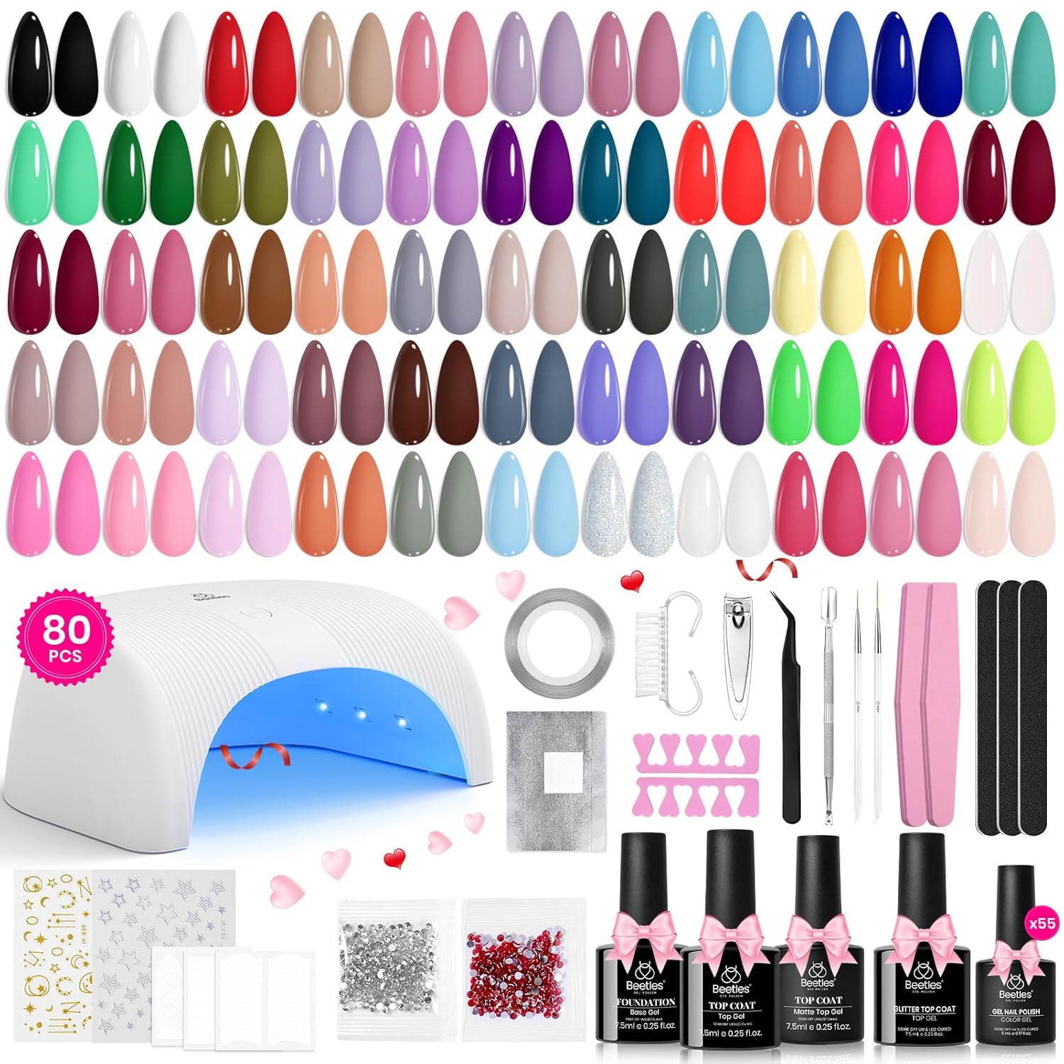 Beetles Gel Nail Polish Kit with U V Light - 80Pcs Fall Nail Fest Color Enchantment 55 Colors Gel Polish Starter Kit with Base Top Coat DIY Nails Stickers Manicure Tools Gift for Women Teens Girls