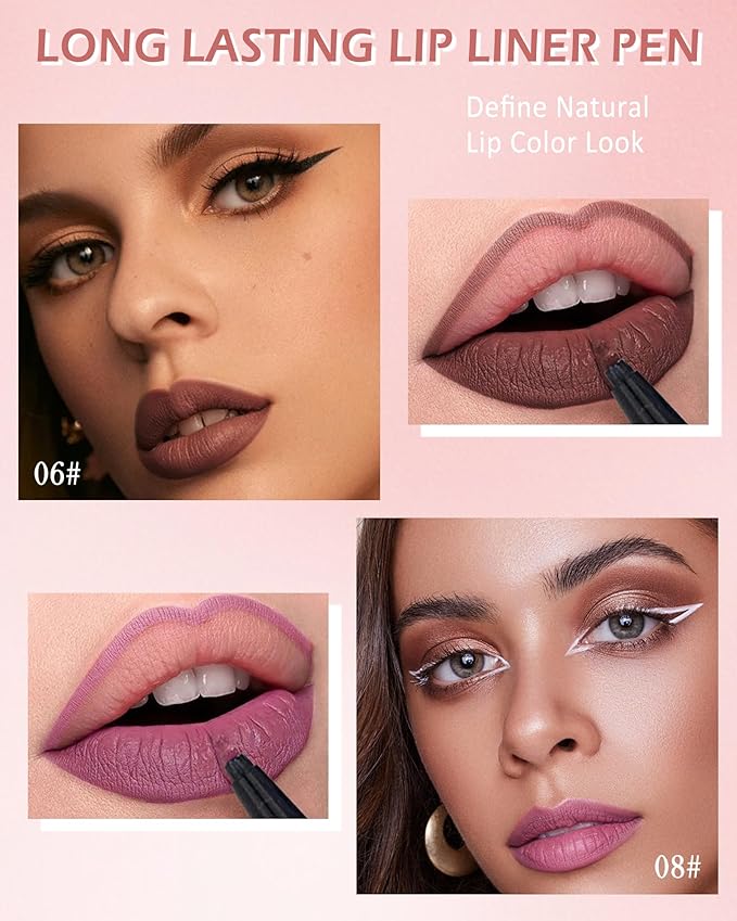Lip Stain Marker Pen,2 Colors Brown Pink Lip Liner Pencil,Matte Lip Tint Stain Liquid Lipstick,Longlasting Waterproof Precise Chisel Tip Smooth Lipliner,Natural Lip Color Makeup Gift for Women-06+08