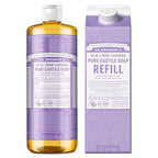 Dr. Bronner's Pure-Castile Liquid Soap Bottle & Refill Carton - Made with Regenerative Organic Certified Oils, 82% Less Plastic-18-in-1 Uses for Face, Body Wash, Hand Soap Refill- Lavender,32oz