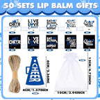 50 Sets Cheer Gifts Bulk 50 Cheer Lip Balm Bulk Moisturizing with 50 Organza Drawstring Gift Bags 50 Tags Cheerleader Gifts Cheer Gifts Bulk for Team (Blue)