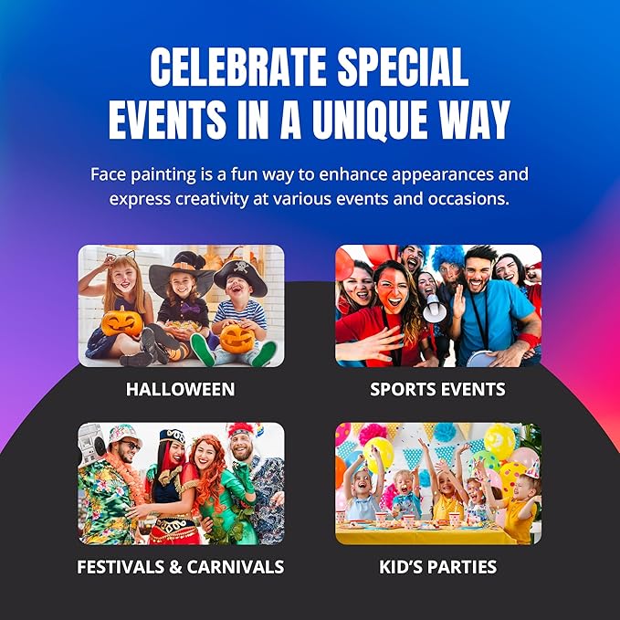 Professional Face Painting Kit - Skin Friendly Face Paint Kit - Cruelty-Free & Vegan Water Based Face Paint Makeup for Theatre, SFX and Halloween- 8 Colors 5g Each - Splashes & Spills (Neon Colors)