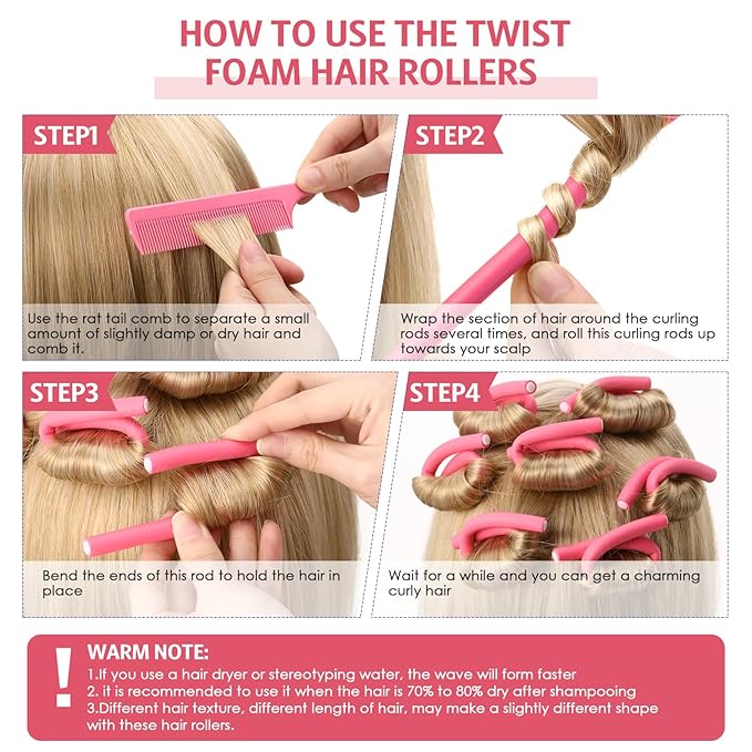 Syhood 30 Pcs 7'' Flexible Curling Rods Twist Foam Hair Rollers Soft Foam No Heat Hair Rods Rollers and 1 Steel Pintail Comb Rat Tail Comb for Women Long Short Hair(Pink,7 x 0.47 Inch)