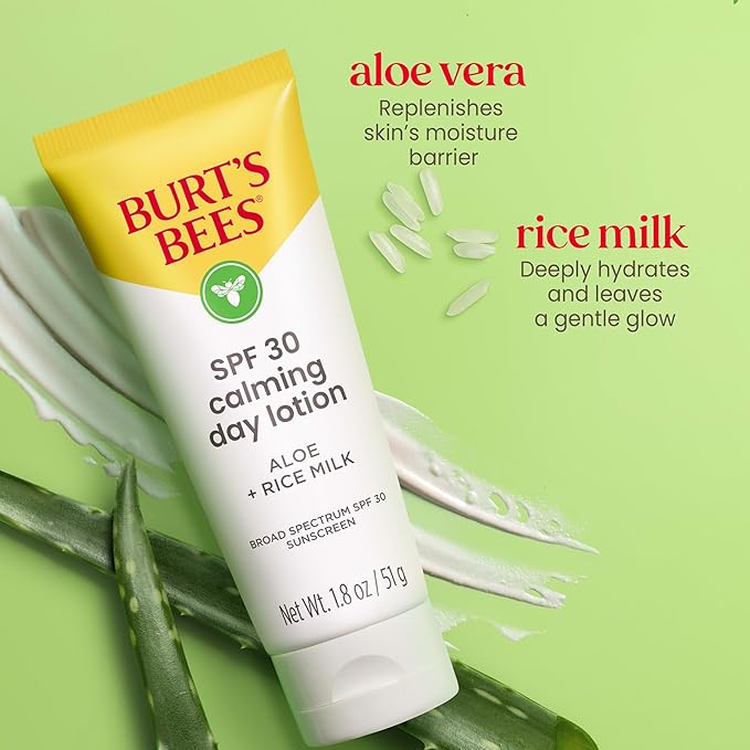 BURTS BEES SPF 30 Calming Day Face Lotion With Aloe and Rice Milk for Sensitive Skin, Sunscreen Face Lotion Soothes Redness and Irritation, 99.4 Percent Natural Origin Skin Care, 1.8 oz. Tube