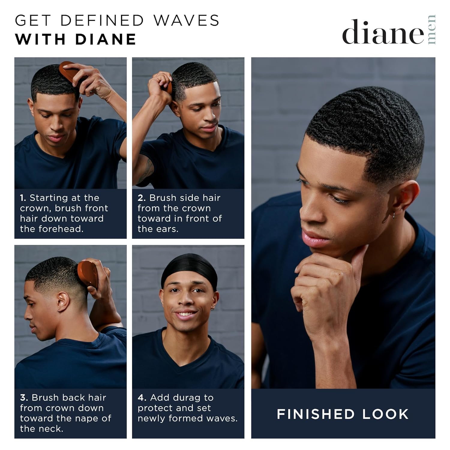 Diane Premium 100% Boar Bristle 7 Row Wave Brush for Men and Barbers, Medium-Firm Bristles for Thick Coarse Hair, Detangling, Smoothing