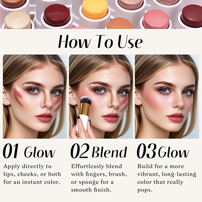 KIMUSE Face Sticks Trio, Cream Blush Stick & Highlighter Stick & Contour Stick for Sculpt the Cheeks, Long Lasting Cream Contour Stick Trio for Face Makeup, with Brush