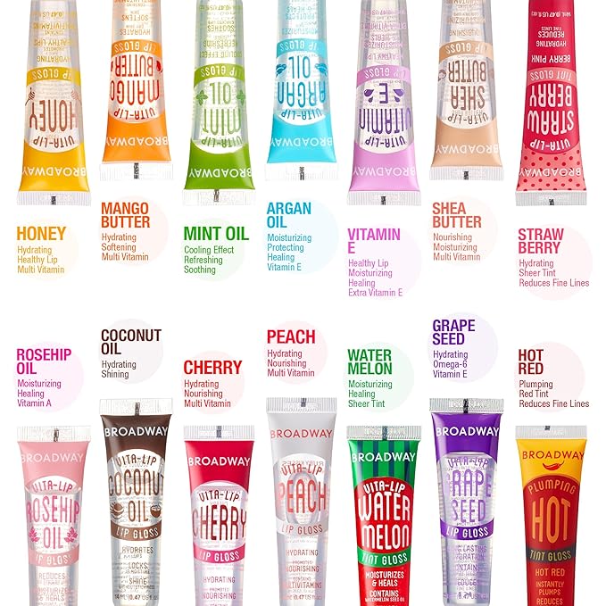Ruby Kisses Broadway Vita-Lip Clear Lip Gloss (10 Pack), Ultra-Hydrating & Soothing Formula with Vitamins, High-Shine Non-Sticky Finish Lip Balm with Mint, Rosehip, Coconut, Mango, Argan, Honey, Shea
