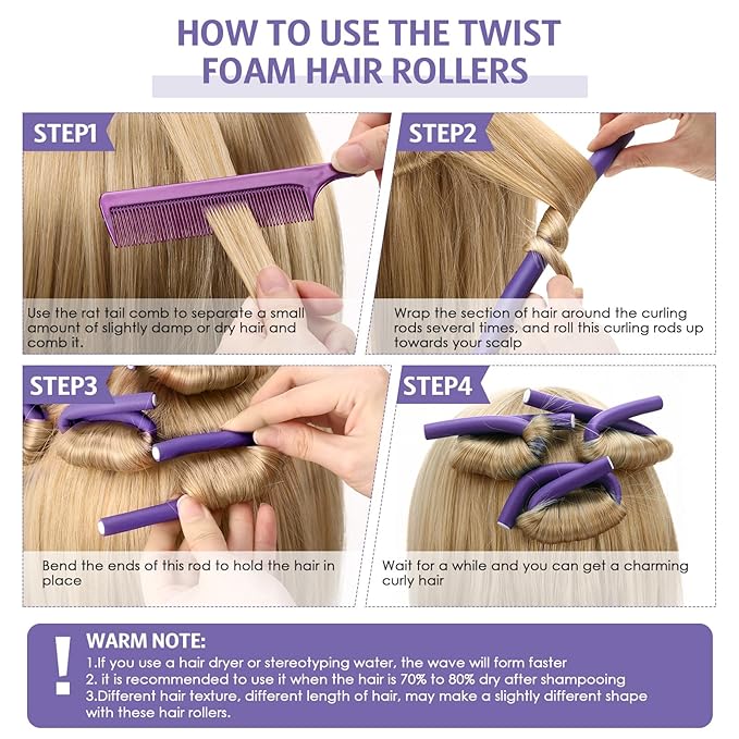 Syhood 30 Pcs 7'' Flexible Curling Rods Twist Foam Hair Rollers Soft Foam No Heat Hair Rods Rollers and 1 Steel Pintail Comb Rat Tail Comb for Women Long Short Hair(Purple,7 x 0.47 Inch)