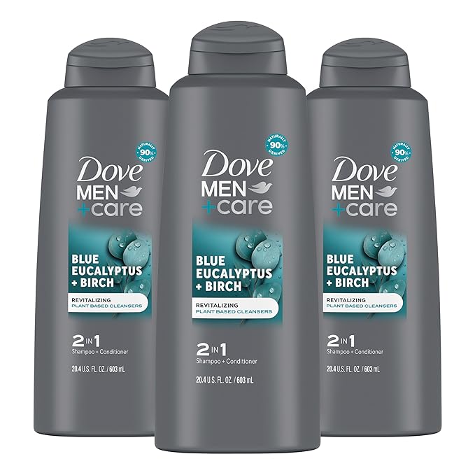 DOVE MEN + CARE 2 in 1 Shampoo Conditioner Eucalyptus + Birch 3 Count For Healthy-Looking Hair Naturally Derived Plant Based Cleansers 20.4 oz