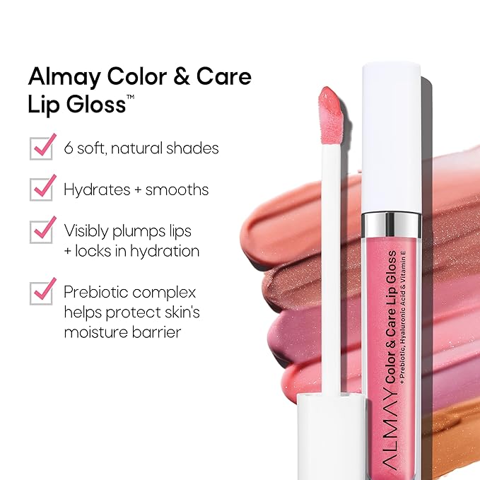 Almay Color & Care Hydrating Lip Gloss, Soft Natural Hues, Prebiotic Complex, Hyaluronic Filling-Sphere Technology, 100 Pink Twilight, 0.1 Fl Oz