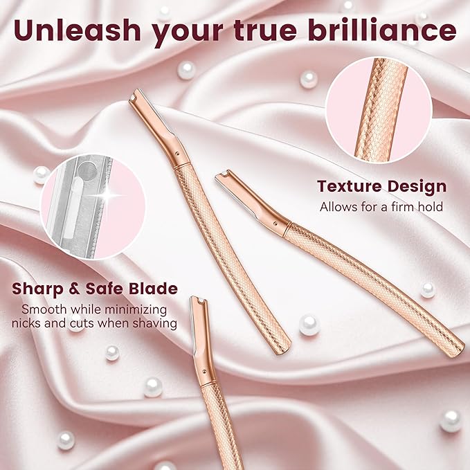 Eyebrow Razor-Face Razors for Women-Dermaplaning Tool for Face Exfoliation & Peach Fuzz with 12 Refill Blades-Facial Dermaplane Razors Shaver-Rose Gold
