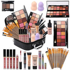 All in One Makeup Kit for Makeup storage bag 2X14 Colors Eyeshadow Palette Liquid Foundation Eyeliner Pencils Contouring Stick Lip Gloss Eyebrow Pencils 20Pcs Makeup Brushes etc For Women Girls Teens (Black)