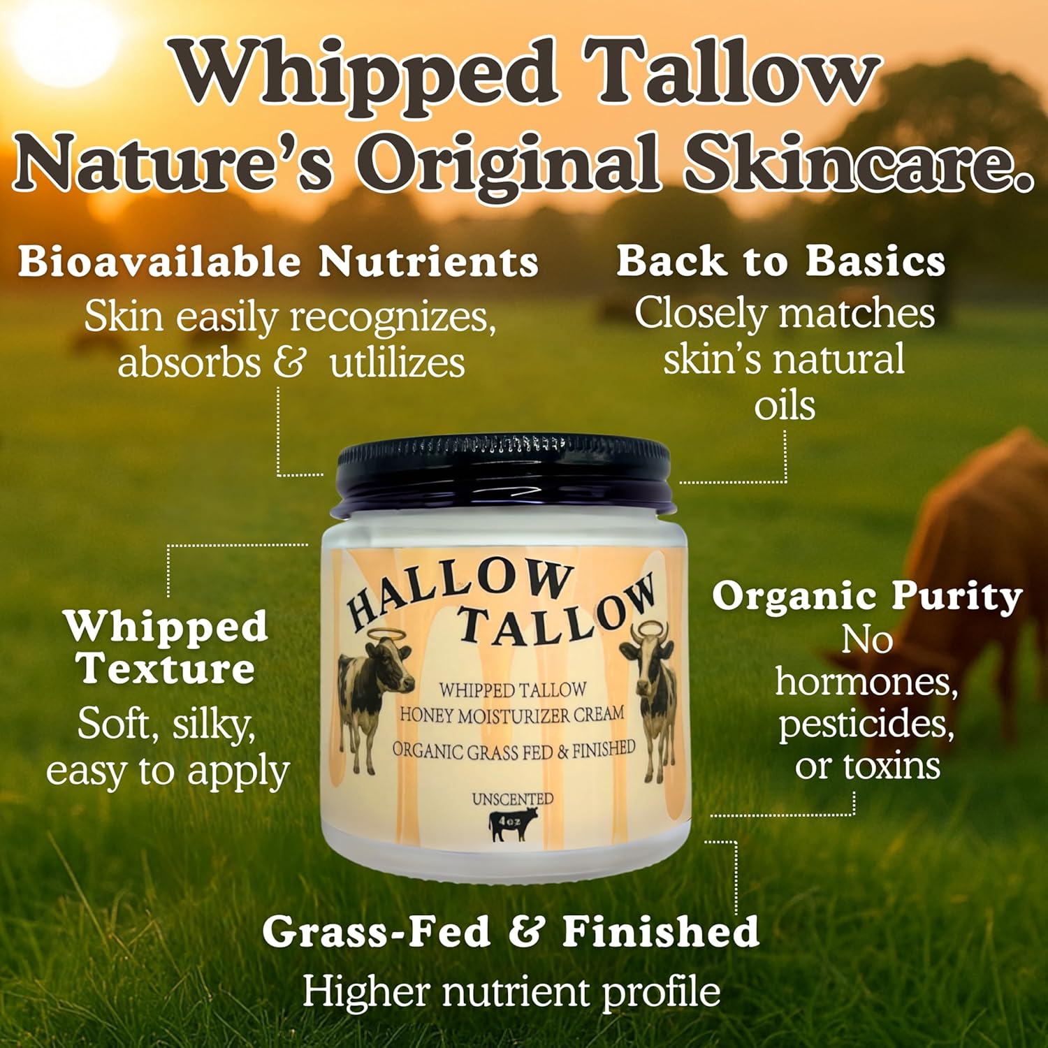 Hallow Tallow Whipped Beef Tallow Moisturizer – 100% Grass-Fed & Finished Tallow Balm with Manuka Honey, Jojoba & Olive Oil, Calendula Extract – Natural Hydrating Face & Body Cream, 4oz