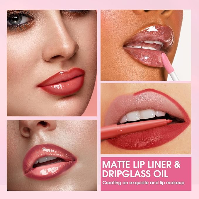 Jolilab Matte Lip Liner Lip Oil Set, Lip Makeup Set Natural Smooth Long-Lasting And Hydrating Beauty Daily Cosmetics Gift for Girls Easy-to-Use(4pcs)