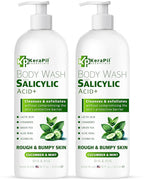 Exfoliating Body Wash with Salicylic Acid - No Dry Out, Gentle Exfoliates Rough and Bumpy Skin, Body Acne Wash, BHA & AHA - Cucumber and Mint Salicylic Acid Body Wash - (16 fl oz x 2)