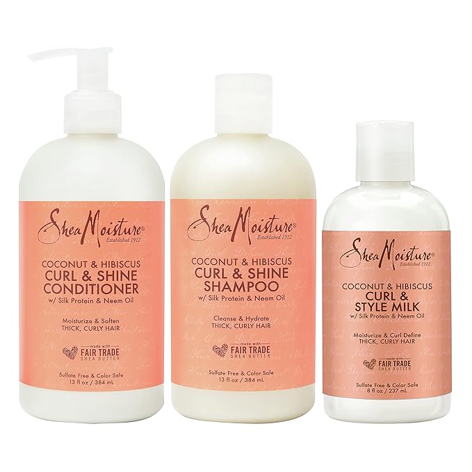SheaMoisture Moisturize and Define Shampoo, Conditioner and Styling Milk for Curly Hair Care Coconut and Hibiscus with Shea Butter and Coconut Oil