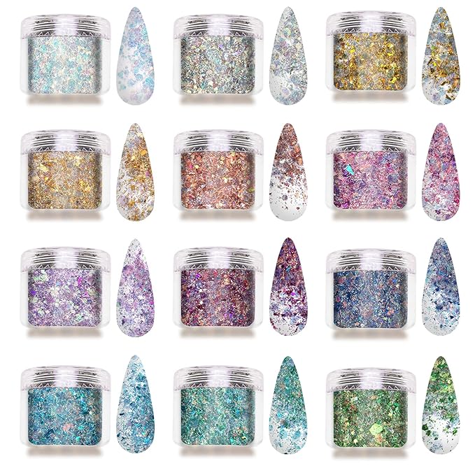 Allstarry 12 Colors Chunky Glitter Holographic Craft Glitter Cosmetic Nail Art Sequins Mixed Fine Glitter Flakes for Nails Art Decoration Hair Eyes Face Body, Resin Tumblers, Epoxy, Slime