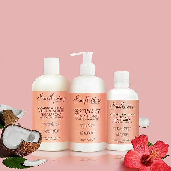 SheaMoisture Moisturize and Define Shampoo, Conditioner and Styling Milk for Curly Hair Care Coconut and Hibiscus with Shea Butter and Coconut Oil
