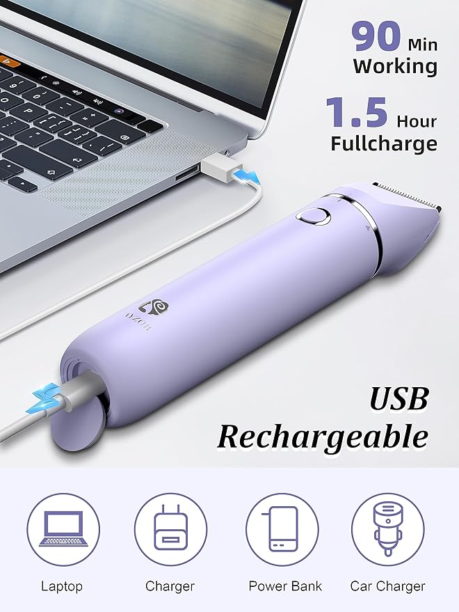 Bikini Trimmer and Shaver Kit for Women - 2-in-1 Wet/Dry Electric Body Hair Trimmer Facial Hair Removal Cordless Waterproof Bikini Shaver Razor for Face Lip Chin Pubic Underarm Legs (Purple)