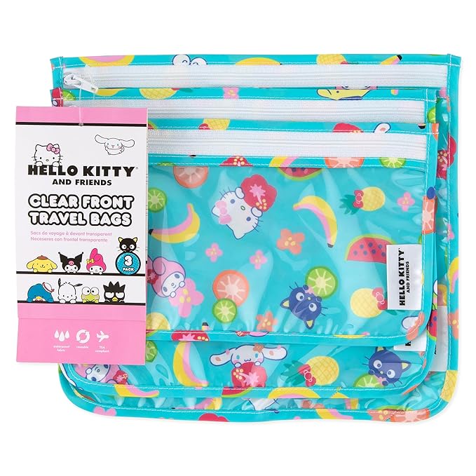 Bumkins Travel Bag, Toiletry, TSA Approved Pouch, Zip Bag, Quart Size Airline Compliant, Clear-Sided, Baby, Diaper Bag Organization, Makeup, Accessories, Packing, Set of 3 Sizes, Hello Kitty