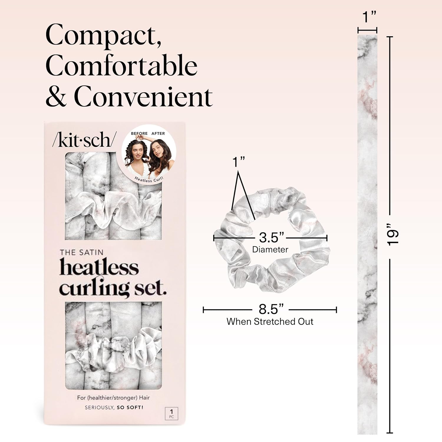 Kitsch Satin Heatless Hair Curler Set - Heatless Curls Overnight, Hair Rollers for Soft Curls & Frizz-Free Styling, No Heat Curlers To Sleep in, Curling Rod Headband with 2 Scrunchies - Marble