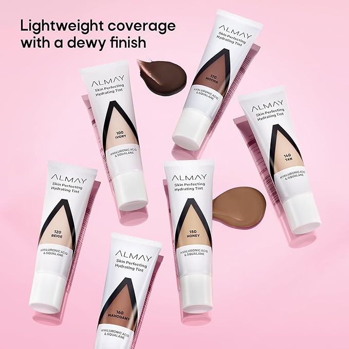 Almay Hydrating Liquid Foundation Tint, Lightweight with Light Coverage, Naturally Dewy Finish, Hypoallergenic, Dermatologist TestedFragrance Free, 160 Mahogany, 0.94 fl oz.