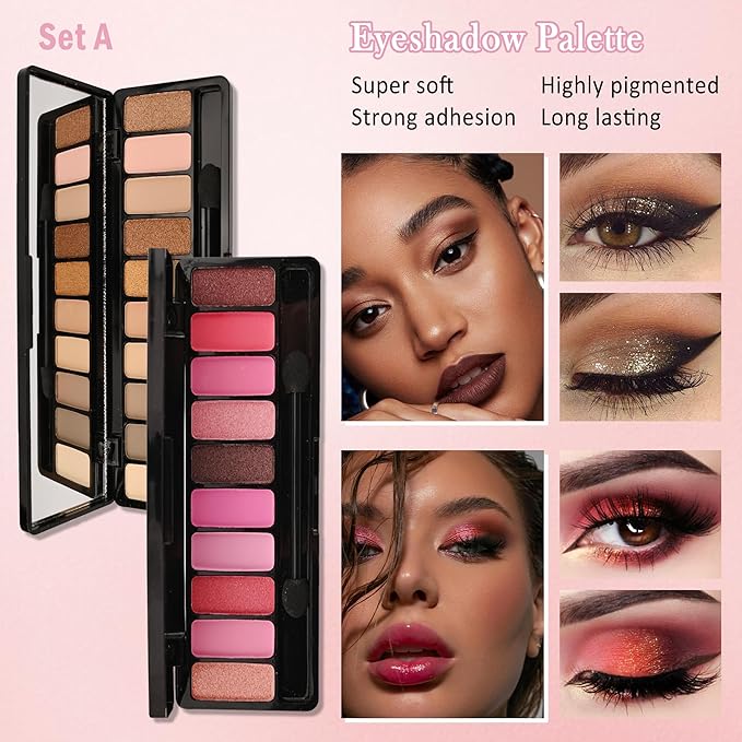 All in One Makeup Set Kit for Women Full Kit,Makeup Gift Kit with Everything,Mascara Eyebrow Eyeliner Eyeshadow Foundation Face Primer Lip Oil Lip Gloss Blush Highlighter Palette for Women Teens-Set A