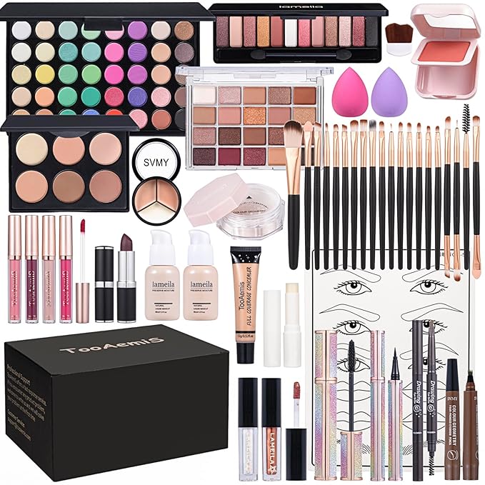 All in One Makeup Kit Makeup Kit for Women Full Kit Multipurpose Makeup ，eyeshadow、 liquid foundation,Loose powder,Eyebrow pencil,4-color lip gloss set