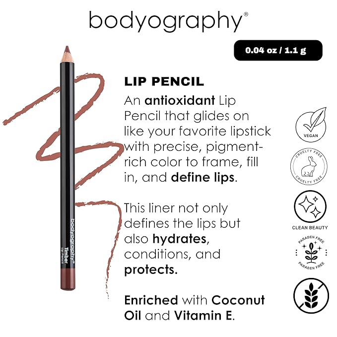 Bodyography Timber Lip Pencil | Lip Liner Pencil with Coconut Oil, Vitamin E & C | Long-Lasting, Matte Liner for Definition & Color | Makeup Essential for Smooth Lip Contour
