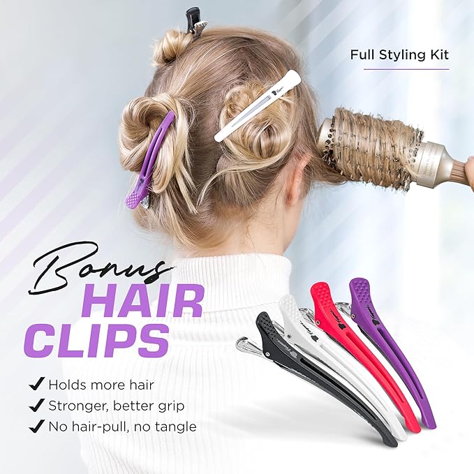 Fagaci Professional Round Brush with Natural Boar Bristle for Blow Drying, Nano Technology Ceramic + Ionic for Voluminous Healthy Hair Styling | Includes 4 Styling Clips