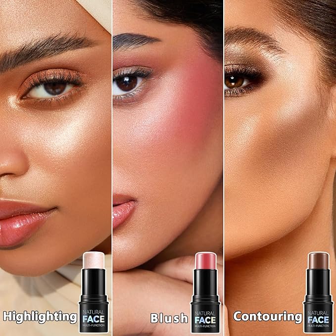 3 Pcs Contour Stick, Highlighter Stick, Blush Stick, Cream Contour Kit with Contour Brush, Create Face Contour, Non-greasy, Waterproof Long-lasting Effect for Women (2+5+6,LIGHT MEDIUM)