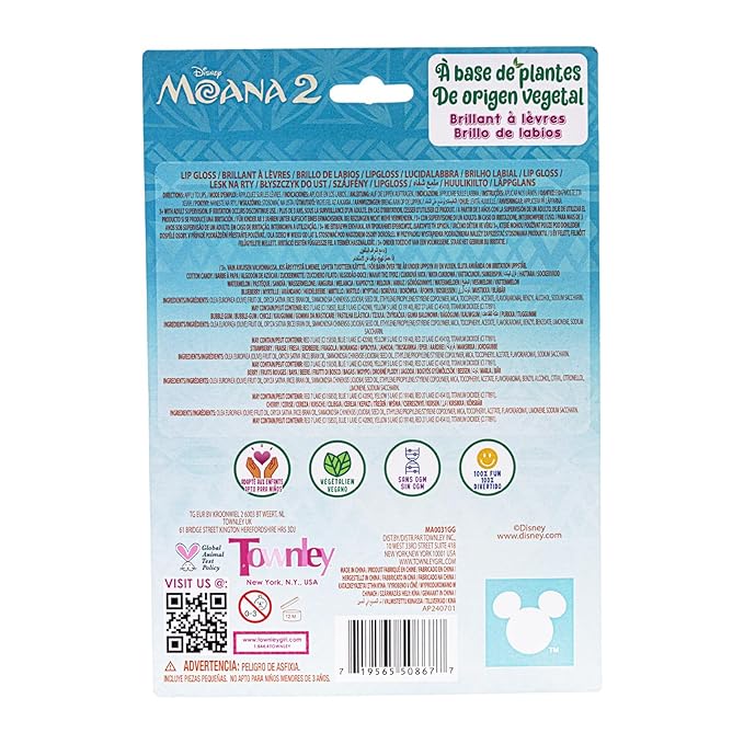 Disney Moana 7 Piece Plant Based Lip Gloss, Girls Party Favors, First Makeup Set for Girl, Perfect for Parties, Sleepovers, and Birthday Gifts, Ages 3+, by Townley Girl