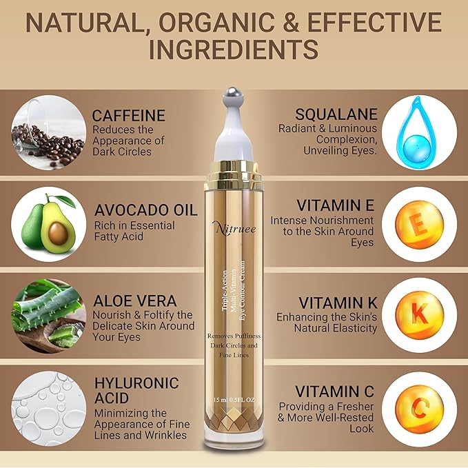 Under Eye Cream with Caffeine, Hyaluronic Acid, and Vitamins E, C, K - Advanced Dark Circle and Puffiness Treatment, Reduces Fine Lines