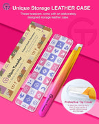 Expert Eyebrow Hair Removal Tweezer with Leather Case, GlamTweeler High Precision Slant Tip Stainless Steel Tweezers for Men and Women (Sparkle Fuchsia & Yellow)