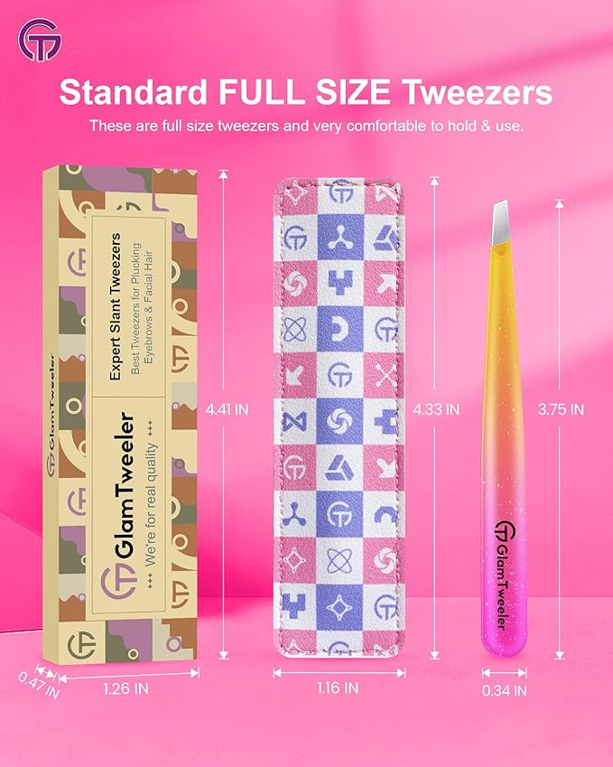Expert Eyebrow Hair Removal Tweezer with Leather Case, GlamTweeler High Precision Slant Tip Stainless Steel Tweezers for Men and Women (Sparkle Fuchsia & Yellow)