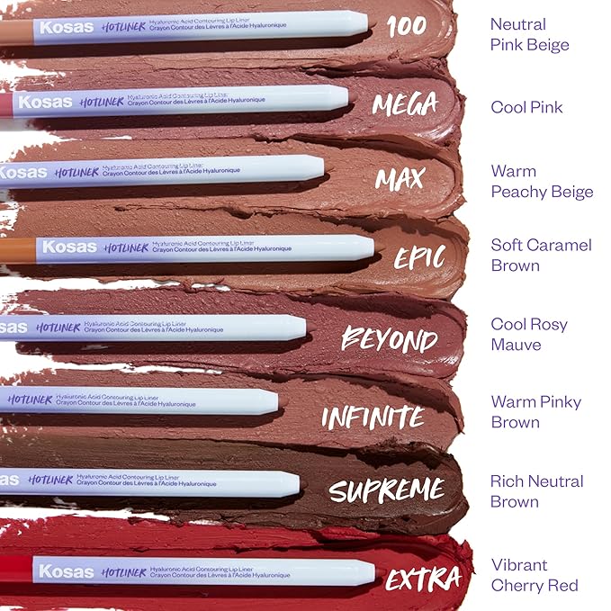 Kosas Hotliner Retractable Lip Liner Pencil with Built-In Brush & Sharpener - Easy Contouring, Hydrating, Long-Lasting - Pigmented Creamy Texture for Plumping Lips - Hyaluronic Acid & Konjac - Extra